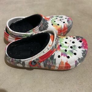 CROCS Vibrant Tie-Dye Mules, fleece lined, used
